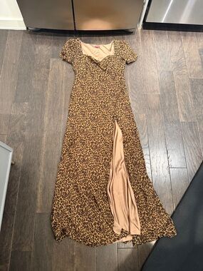STAUD Leopard-Print Maxi Dress in Tan and Black with Front Slit